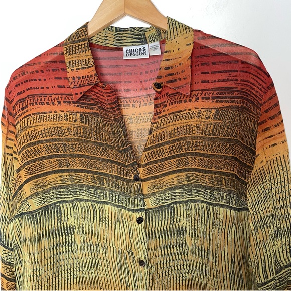 Chico's Design Sheer Long Sleeve Blouse Tunic Rayon Burnt Orange Tribal Print - Picture 13 of 16